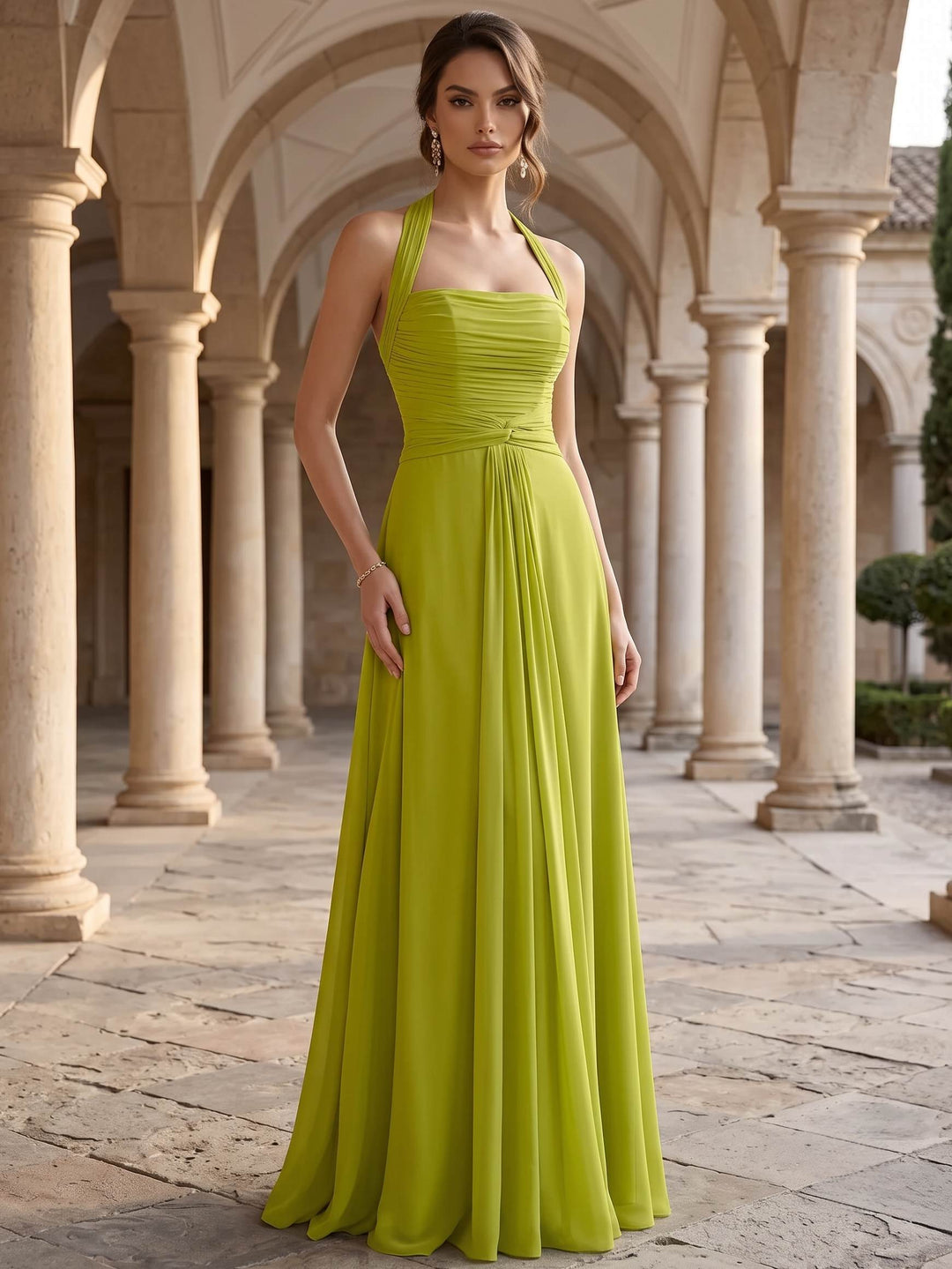 A-Line Evening Dress Chiffon Elegant Halter Sleeveless Floor-length With Pleated
