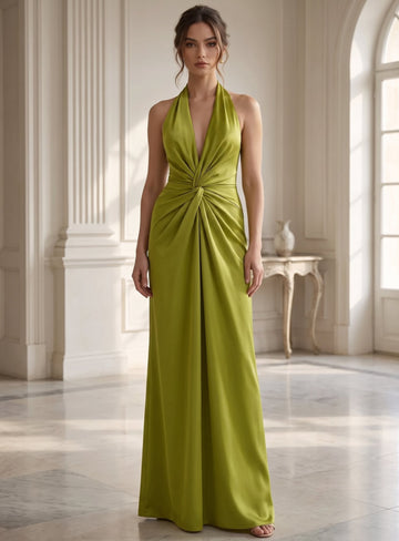 Sheath/Column Evening Dresses Satin Halter Deep V-Neck Sleeveless Floor-Length With Backless Sweep Train