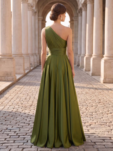 A-Line Evening Dresses Metallic Satin One-Shoulder Sleeveless Floor-Length With Pleated Back Zipper