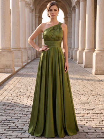 A-Line Evening Dresses Metallic Satin One-Shoulder Sleeveless Floor-Length With Pleated Back Zipper
