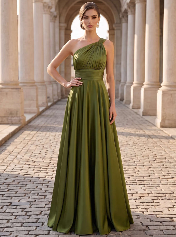 A-Line Evening Dresses Metallic Satin One-Shoulder Sleeveless Floor-Length With Pleated Back Zipper