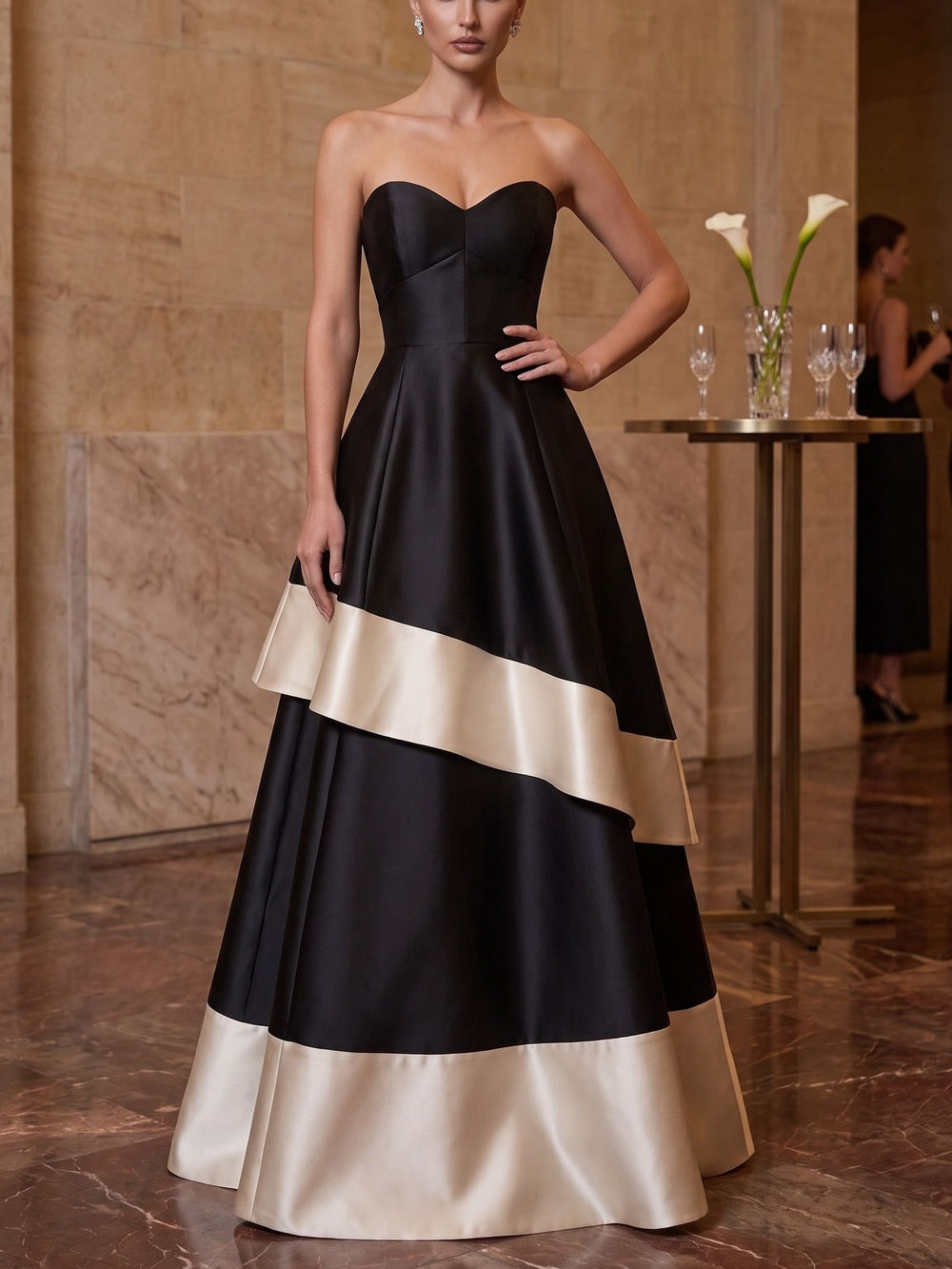 A-Line Evening Dresses Twill Satin Sweetheart Sleeveless Floor-Length With Pockets Back Zipper