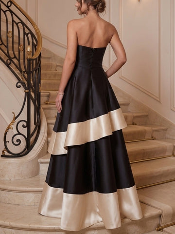 A-Line Evening Dresses Twill Satin Sweetheart Sleeveless Floor-Length With Pockets Back Zipper