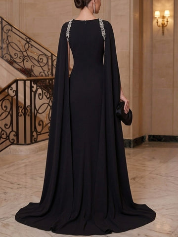 Sheath/Column Evening Dresses Satin Square Collar Cape Sleeves Floor-Length With Beading Back Zipper