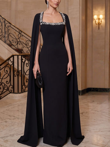 Sheath/Column Evening Dresses Satin Square Collar Cape Sleeves Floor-Length With Beading Back Zipper