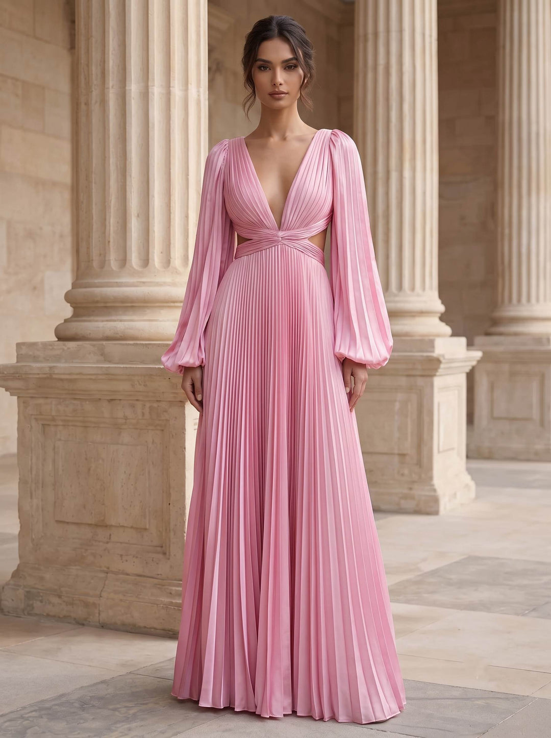 A-Line Evening Dresses Satin Deep V-Neck Long Sleeves Floor-Length With Pleated