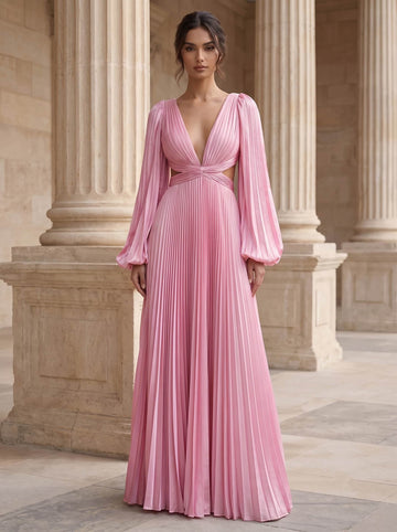 A-Line Evening Dresses Satin Deep V-Neck Long Sleeves Floor-Length With Pleated