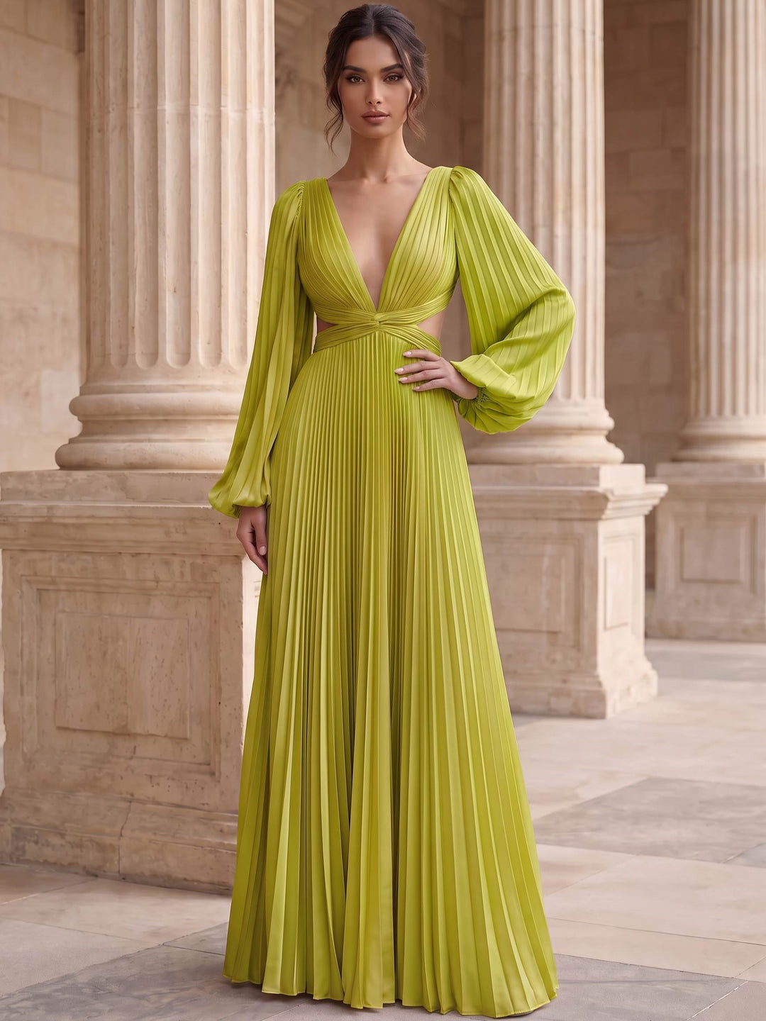 A-Line Evening Dresses Satin Deep V-Neck Long Sleeves Floor-Length With Pleated