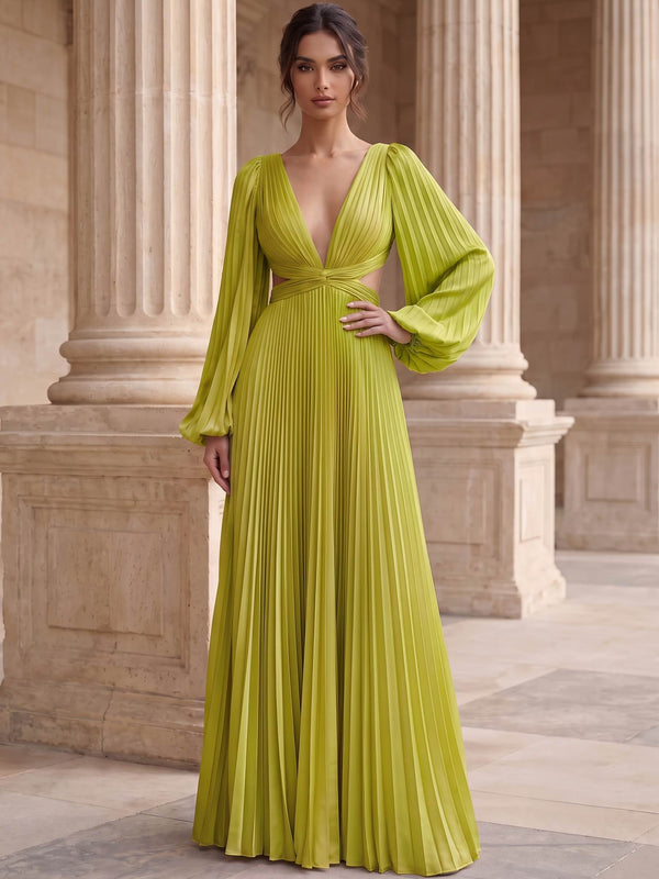 A-Line Evening Dresses Satin Deep V-Neck Long Sleeves Floor-Length With Pleated
