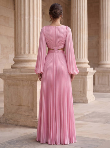A-Line Evening Dresses Satin Deep V-Neck Long Sleeves Floor-Length With Pleated