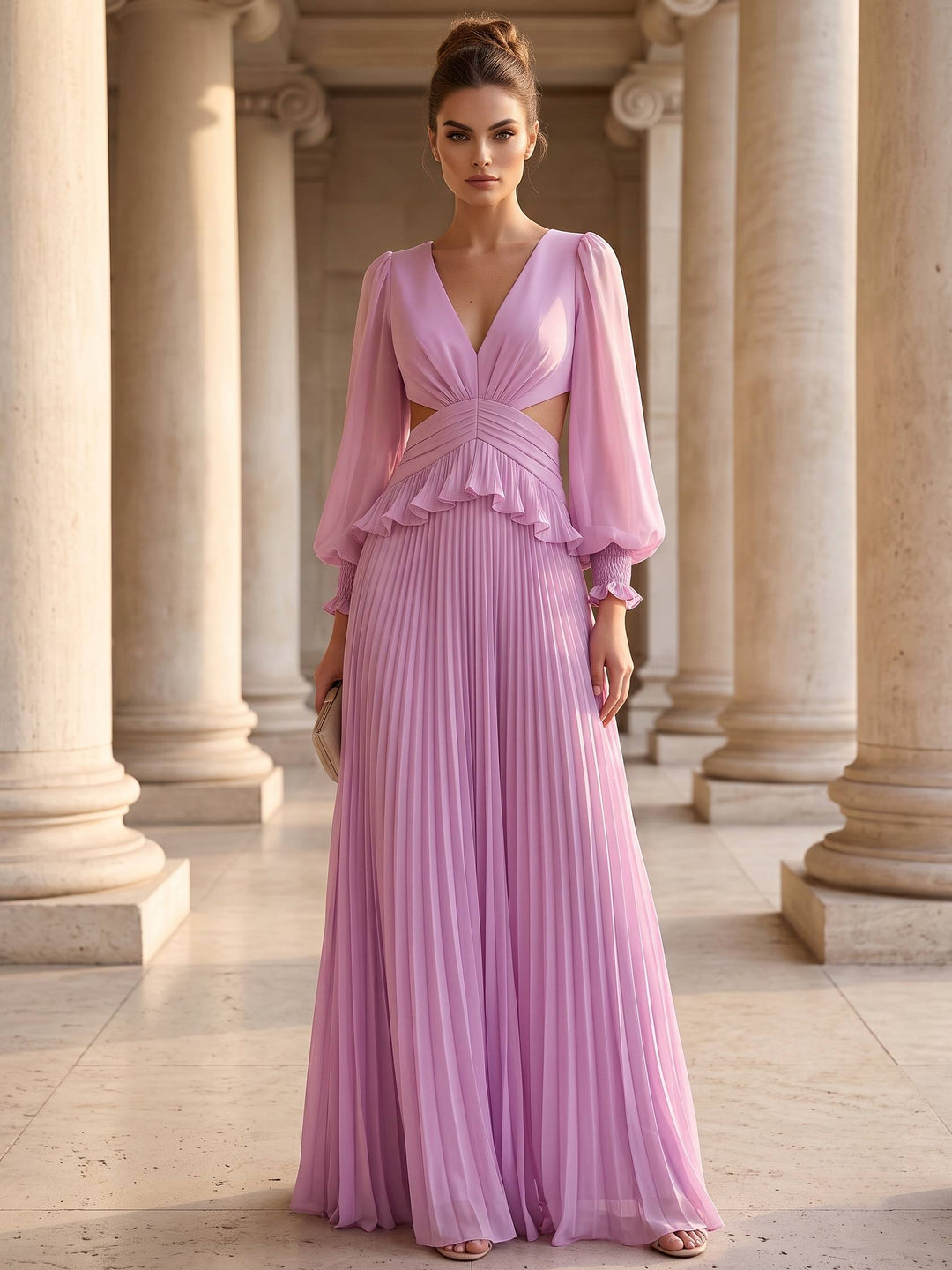 A-Line Evening Dress Chiffon Elegant Deep V-Neck Long Sleeves Floor-length With Pleated Ruffles