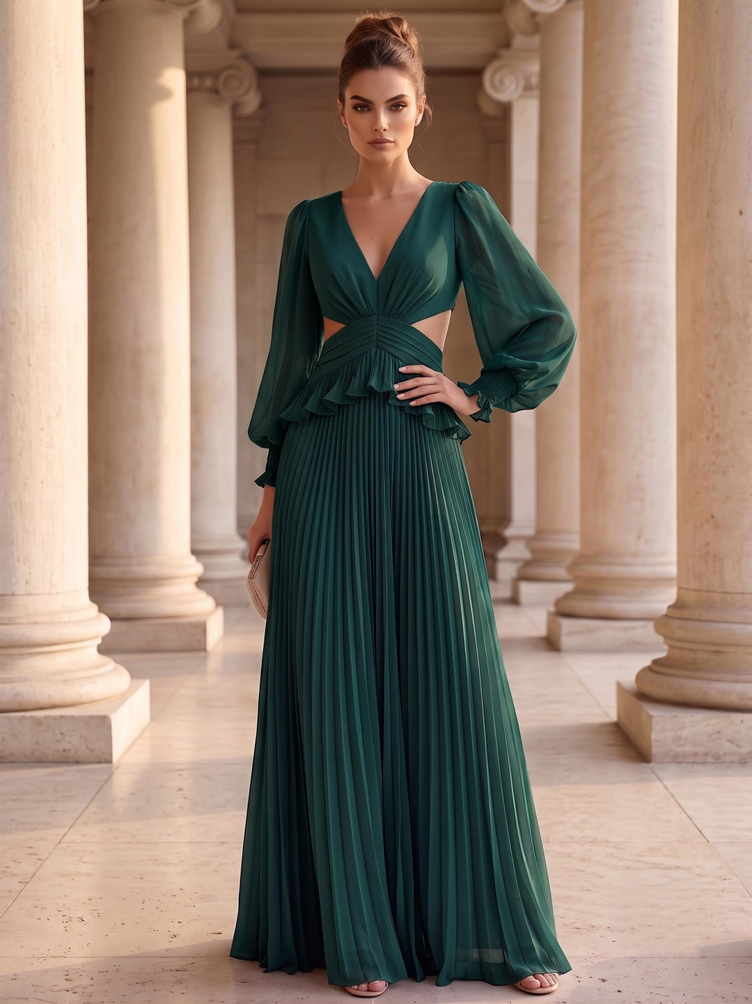 A-Line Evening Dress Chiffon Elegant Deep V-Neck Long Sleeves Floor-length With Pleated Ruffles