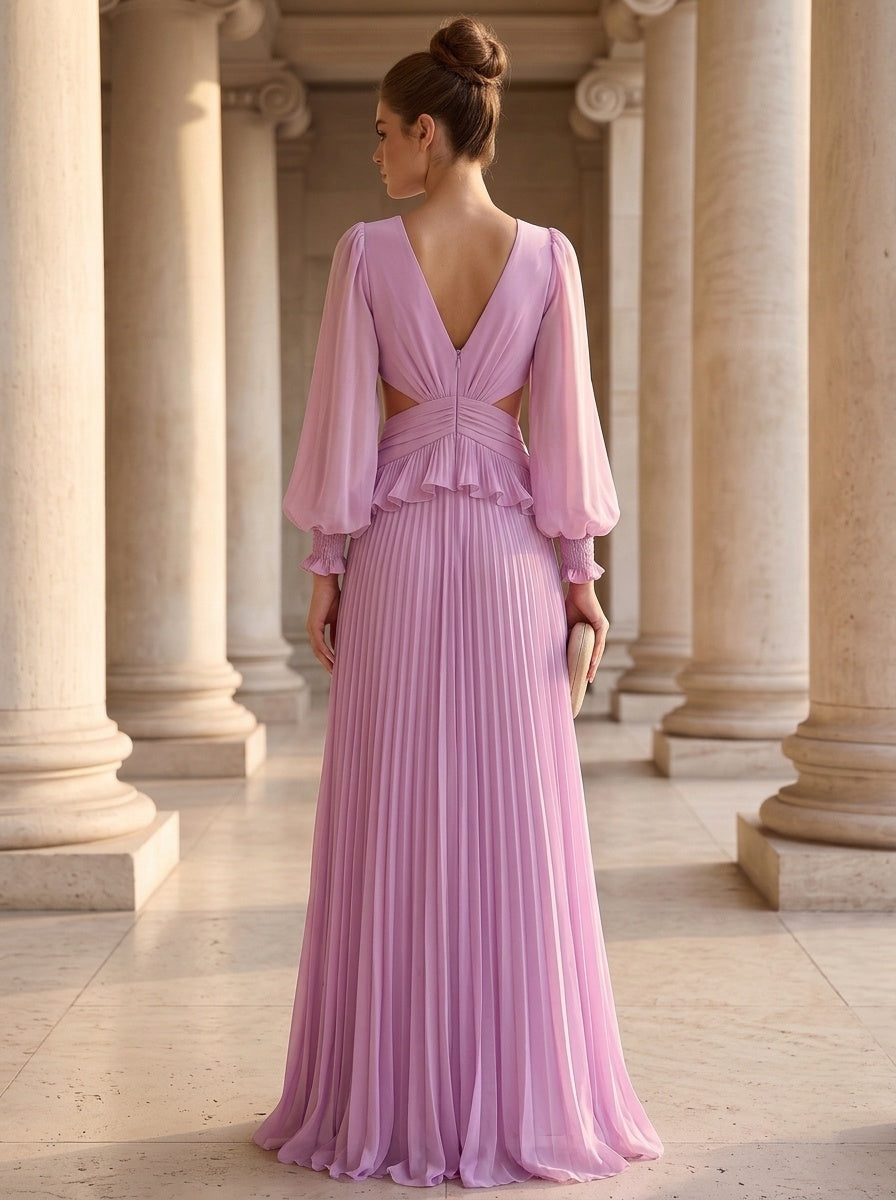 A-Line Evening Dress Chiffon Elegant Deep V-Neck Long Sleeves Floor-length With Pleated Ruffles