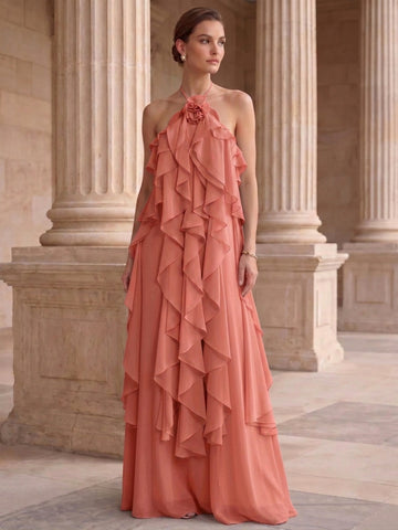 A-Line/Princess Evening Dress Chiffon Halter Sleeveless Floor-length With Ruffles Backless Criss Cross Straps