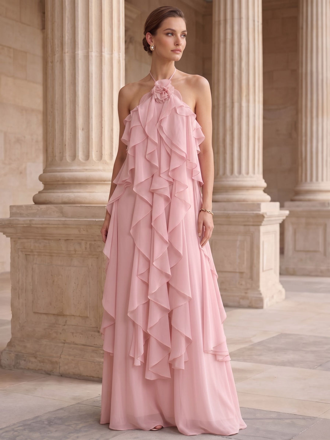 A-Line/Princess Evening Dress Chiffon Halter Sleeveless Floor-length With Ruffles Backless Criss Cross Straps
