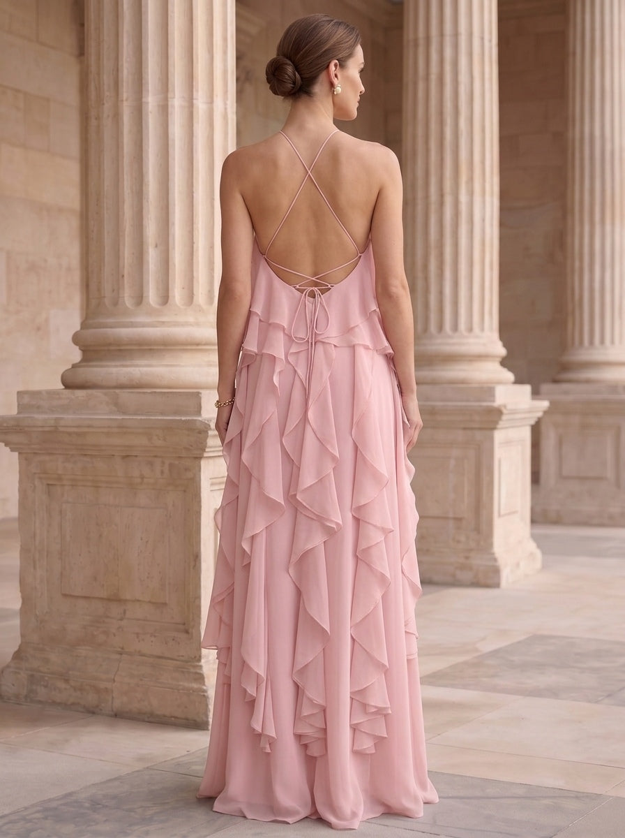 A-Line/Princess Evening Dress Chiffon Halter Sleeveless Floor-length With Ruffles Backless Criss Cross Straps