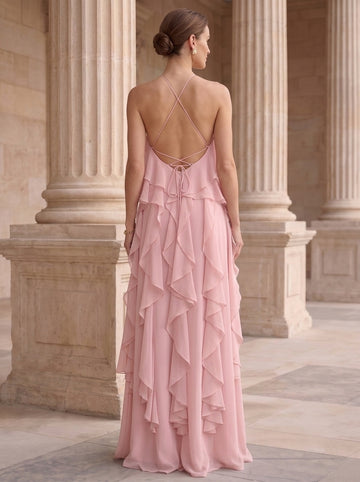 A-Line/Princess Evening Dress Chiffon Halter Sleeveless Floor-length With Ruffles Backless Criss Cross Straps