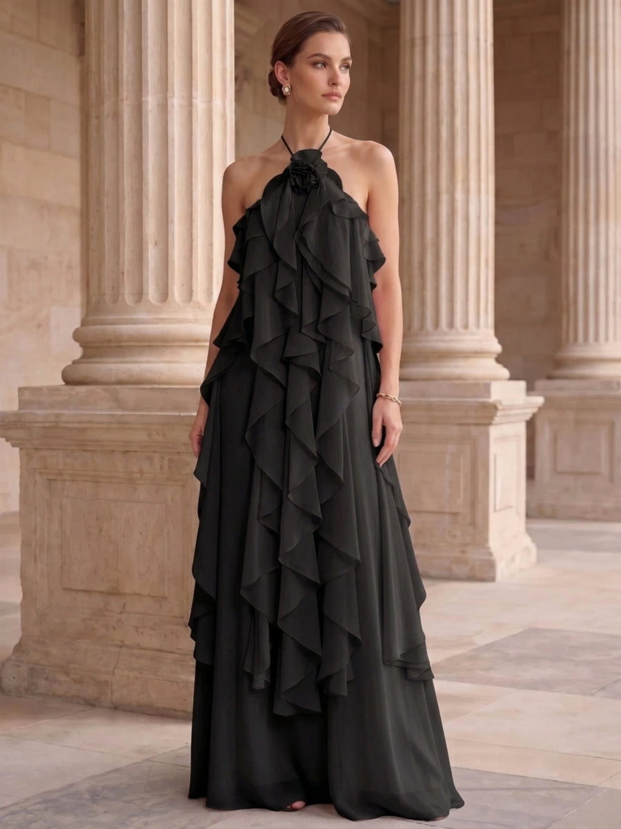 A-Line/Princess Evening Dress Chiffon Halter Sleeveless Floor-length With Ruffles Backless Criss Cross Straps