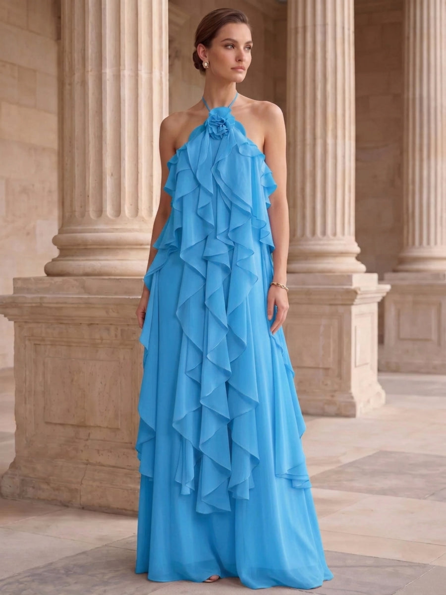 A-Line/Princess Evening Dress Chiffon Halter Sleeveless Floor-length With Ruffles Backless Criss Cross Straps
