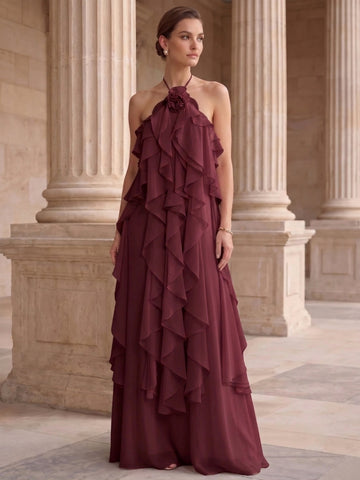 A-Line/Princess Evening Dress Chiffon Halter Sleeveless Floor-length With Ruffles Backless Criss Cross Straps