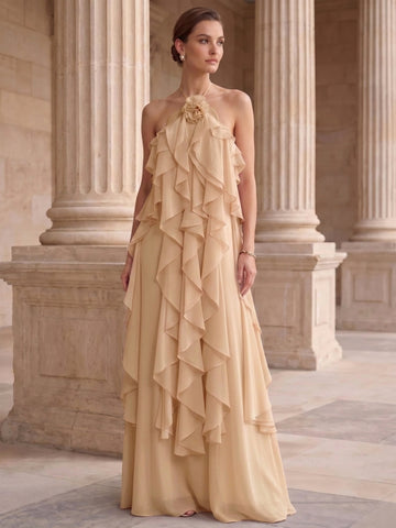 A-Line/Princess Evening Dress Chiffon Halter Sleeveless Floor-length With Ruffles Backless Criss Cross Straps