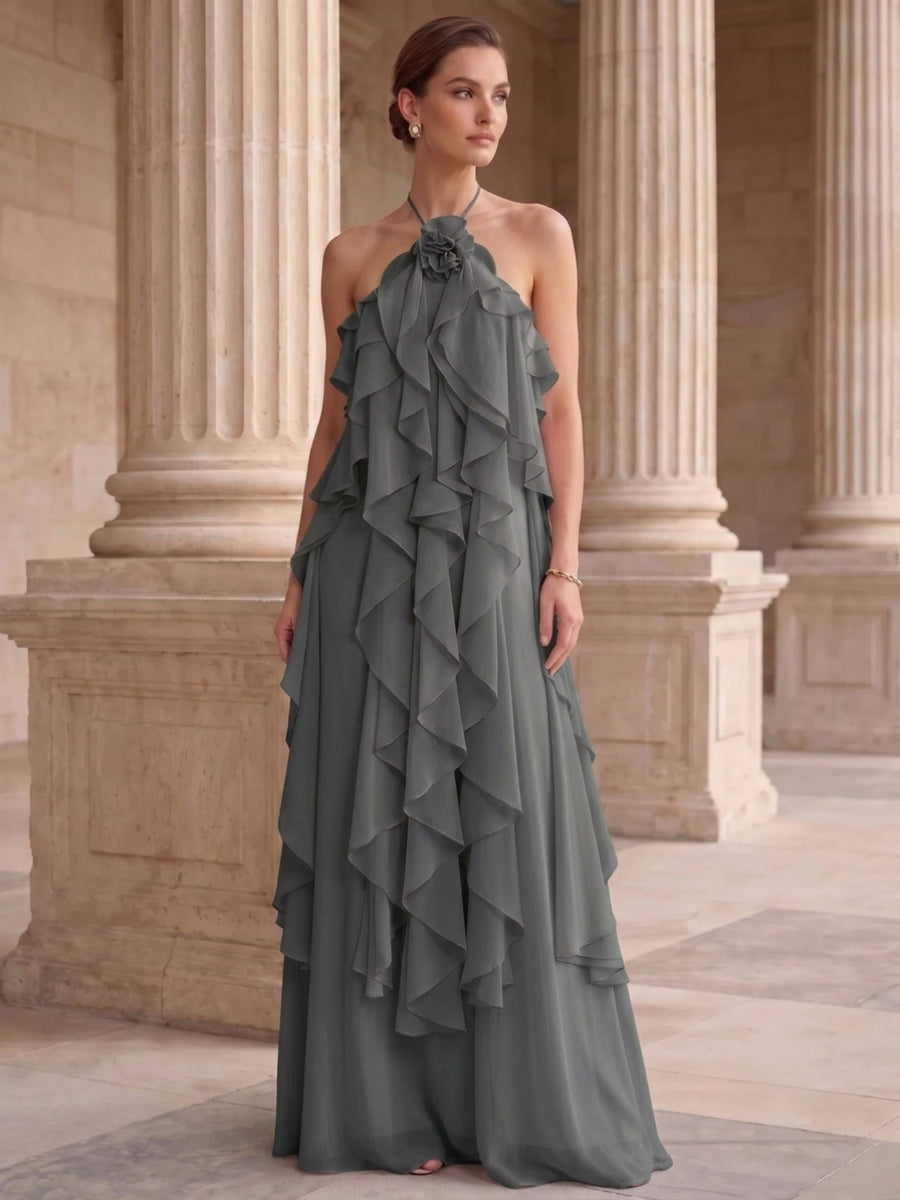 A-Line/Princess Evening Dress Chiffon Halter Sleeveless Floor-length With Ruffles Backless Criss Cross Straps