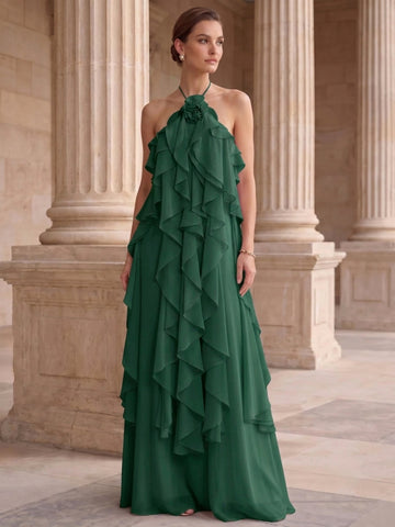 A-Line/Princess Evening Dress Chiffon Halter Sleeveless Floor-length With Ruffles Backless Criss Cross Straps