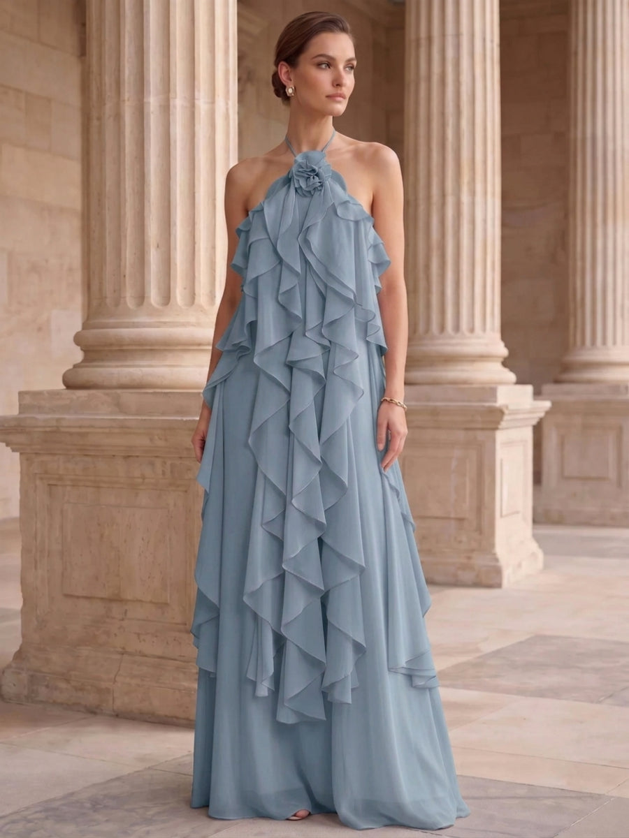 A-Line/Princess Evening Dress Chiffon Halter Sleeveless Floor-length With Ruffles Backless Criss Cross Straps