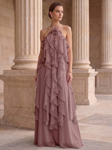 A-Line/Princess Evening Dress Chiffon Halter Sleeveless Floor-length With Ruffles Backless Criss Cross Straps