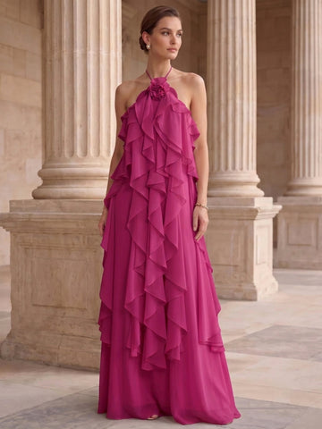A-Line/Princess Evening Dress Chiffon Halter Sleeveless Floor-length With Ruffles Backless Criss Cross Straps
