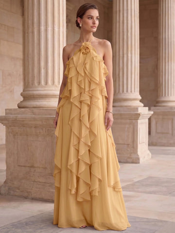 A-Line/Princess Evening Dress Chiffon Halter Sleeveless Floor-length With Ruffles Backless Criss Cross Straps