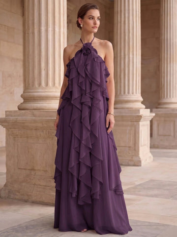A-Line/Princess Evening Dress Chiffon Halter Sleeveless Floor-length With Ruffles Backless Criss Cross Straps