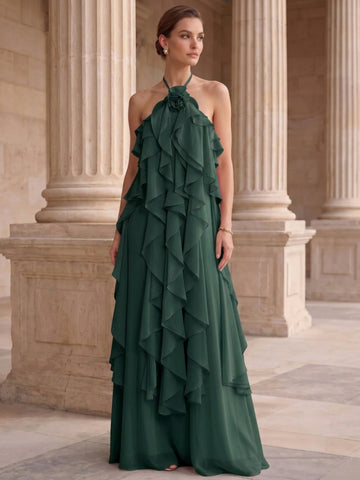A-Line/Princess Evening Dress Chiffon Halter Sleeveless Floor-length With Ruffles Backless Criss Cross Straps