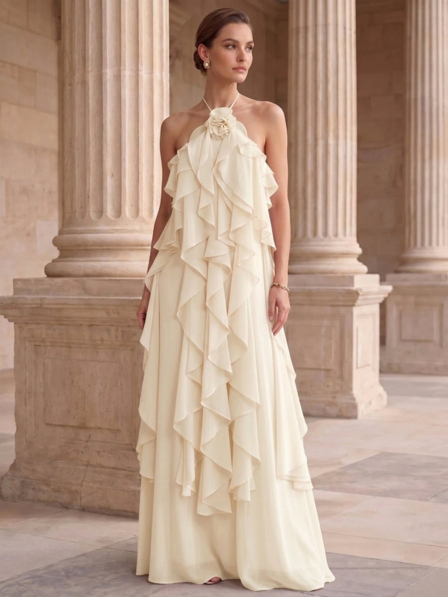 A-Line/Princess Evening Dress Chiffon Halter Sleeveless Floor-length With Ruffles Backless Criss Cross Straps