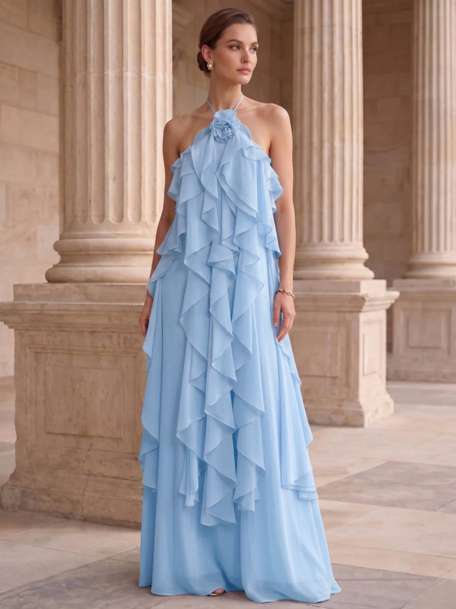 A-Line/Princess Evening Dress Chiffon Halter Sleeveless Floor-length With Ruffles Backless Criss Cross Straps
