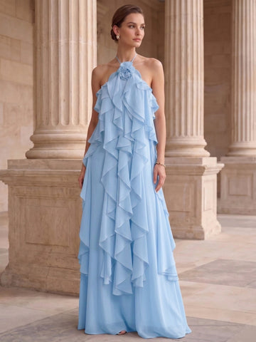 A-Line/Princess Evening Dress Chiffon Halter Sleeveless Floor-length With Ruffles Backless Criss Cross Straps