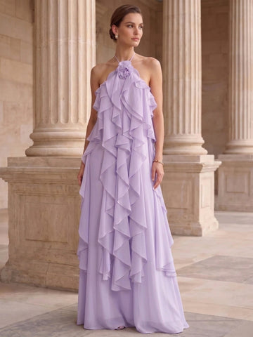 A-Line/Princess Evening Dress Chiffon Halter Sleeveless Floor-length With Ruffles Backless Criss Cross Straps
