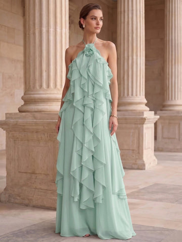 A-Line/Princess Evening Dress Chiffon Halter Sleeveless Floor-length With Ruffles Backless Criss Cross Straps