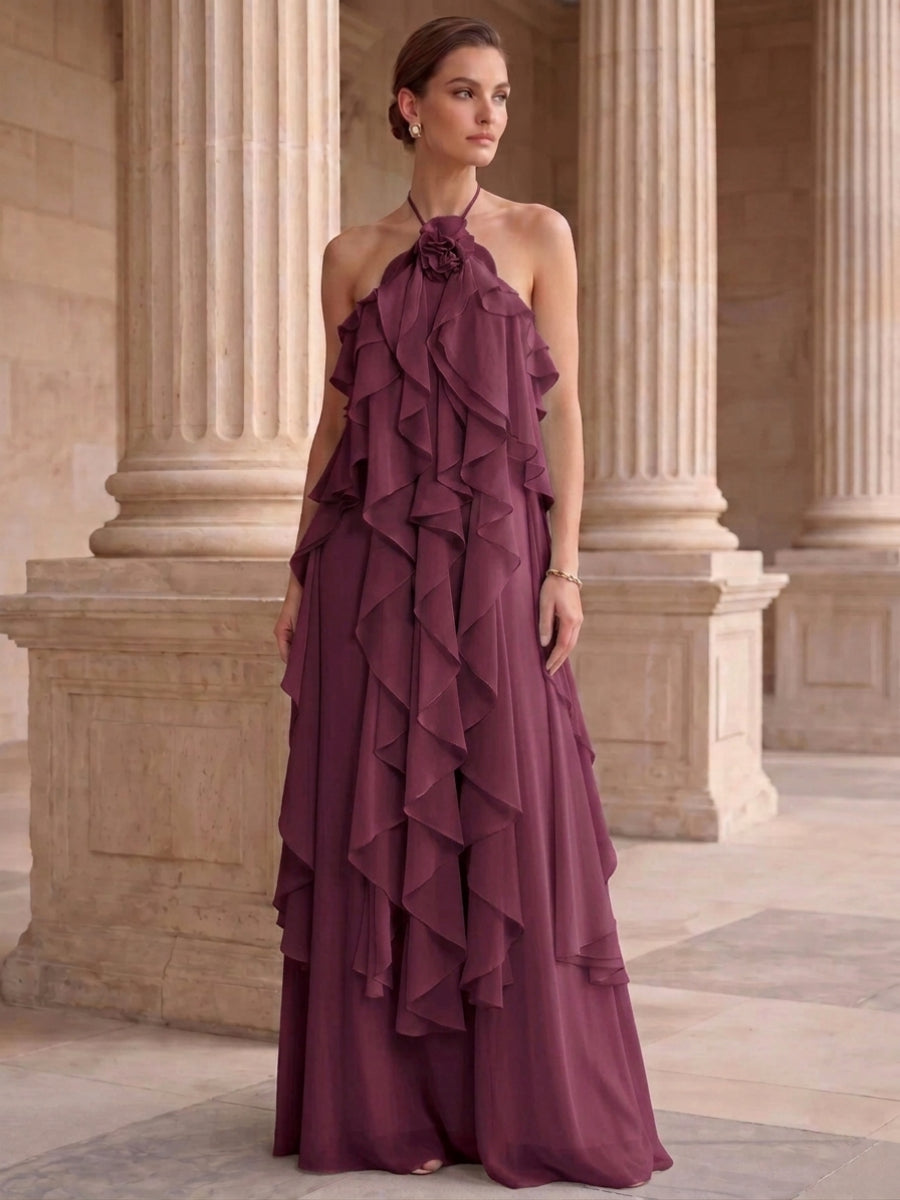 A-Line/Princess Evening Dress Chiffon Halter Sleeveless Floor-length With Ruffles Backless Criss Cross Straps