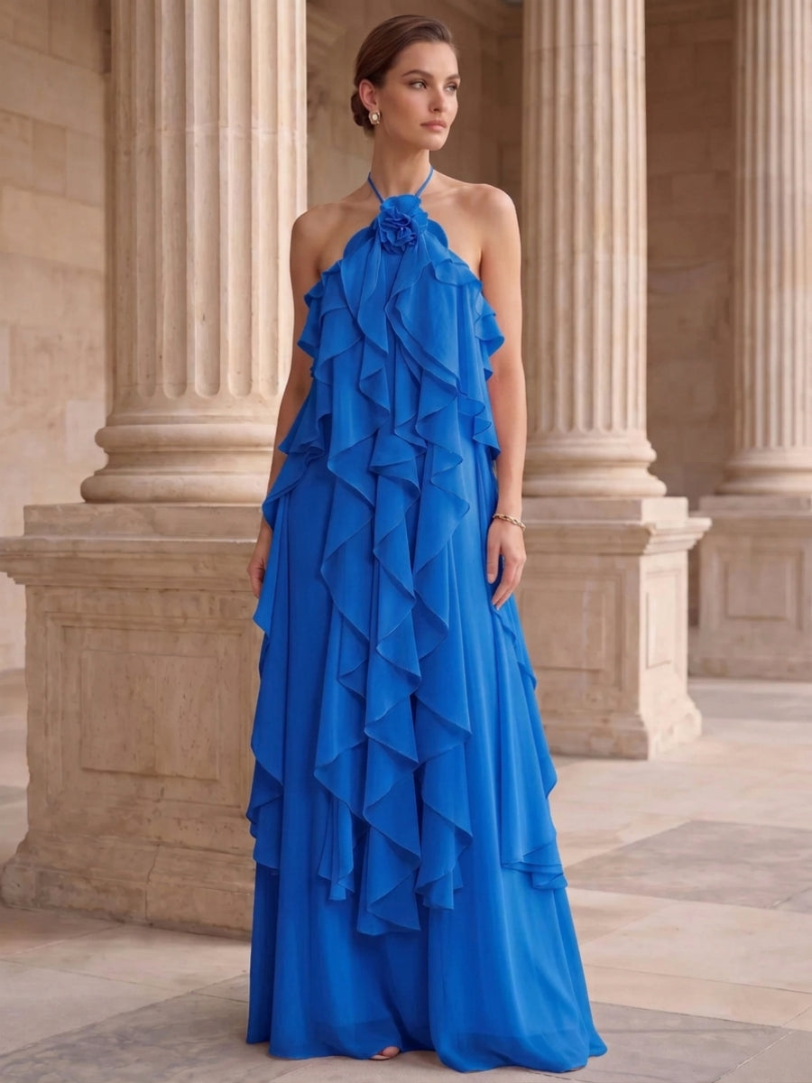 A-Line/Princess Evening Dress Chiffon Halter Sleeveless Floor-length With Ruffles Backless Criss Cross Straps