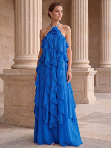 A-Line/Princess Evening Dress Chiffon Halter Sleeveless Floor-length With Ruffles Backless Criss Cross Straps