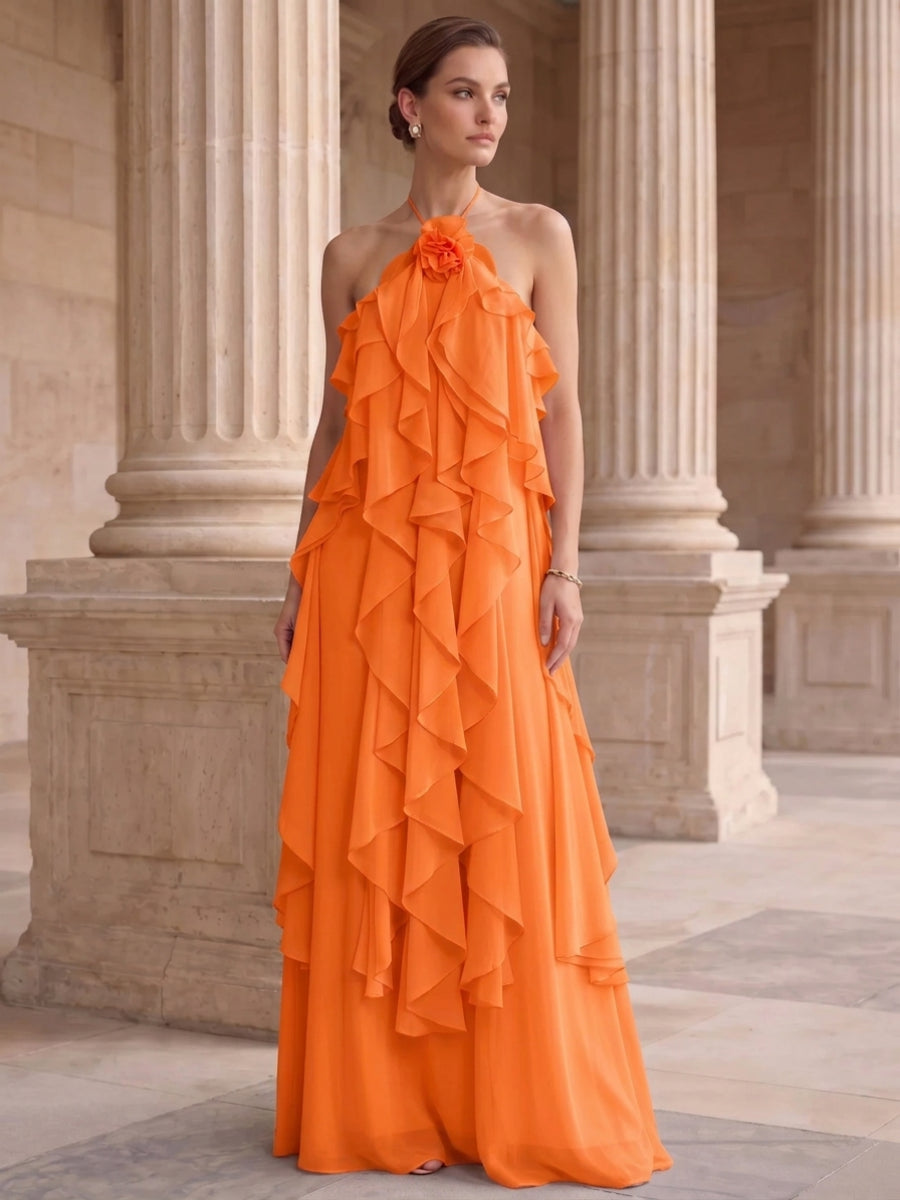 A-Line/Princess Evening Dress Chiffon Halter Sleeveless Floor-length With Ruffles Backless Criss Cross Straps