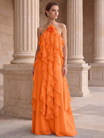 A-Line/Princess Evening Dress Chiffon Halter Sleeveless Floor-length With Ruffles Backless Criss Cross Straps