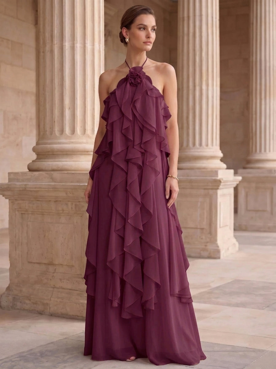 A-Line/Princess Evening Dress Chiffon Halter Sleeveless Floor-length With Ruffles Backless Criss Cross Straps