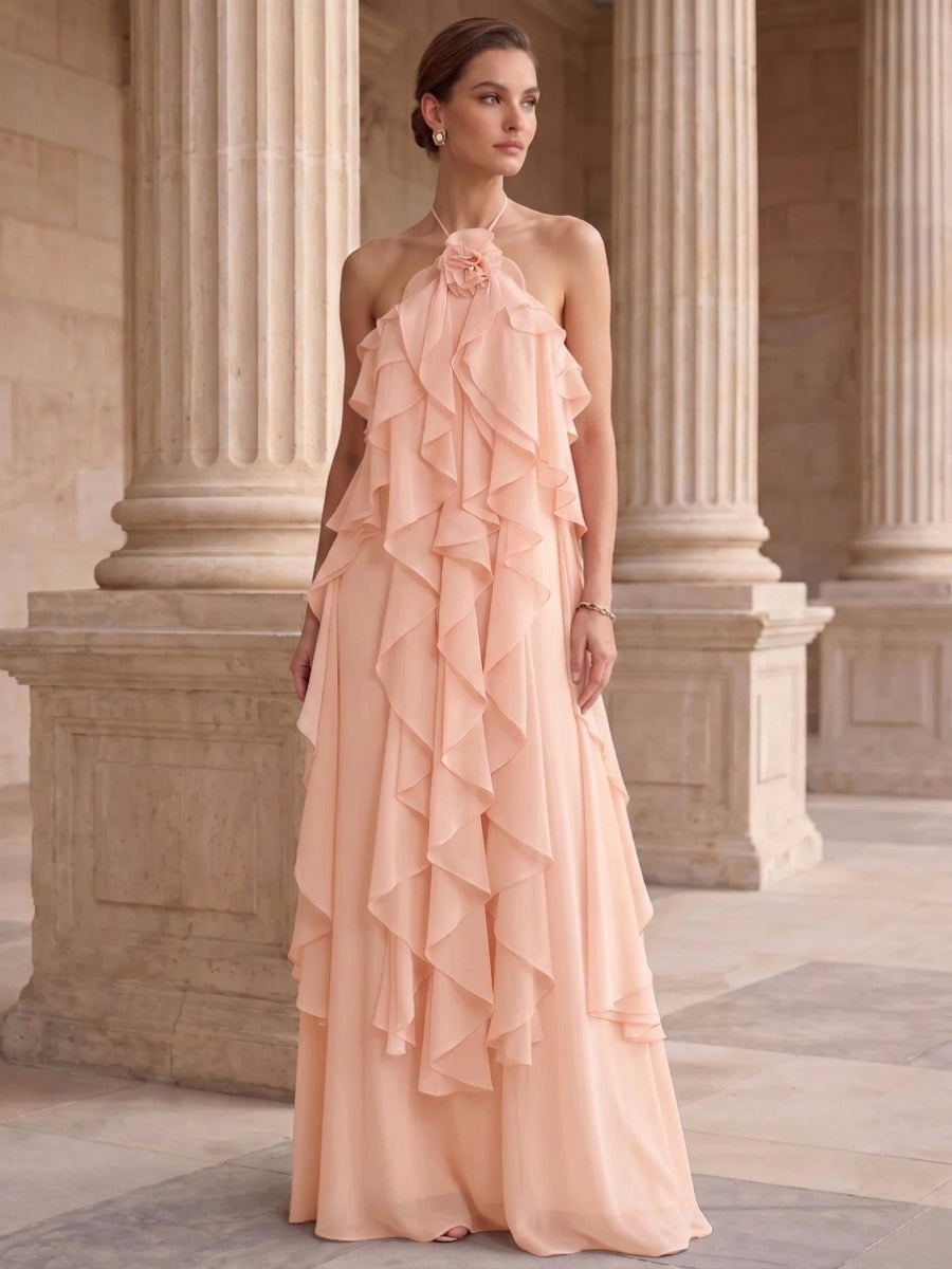 A-Line/Princess Evening Dress Chiffon Halter Sleeveless Floor-length With Ruffles Backless Criss Cross Straps