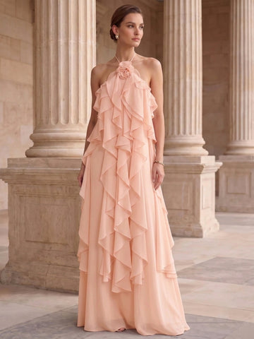 A-Line/Princess Evening Dress Chiffon Halter Sleeveless Floor-length With Ruffles Backless Criss Cross Straps