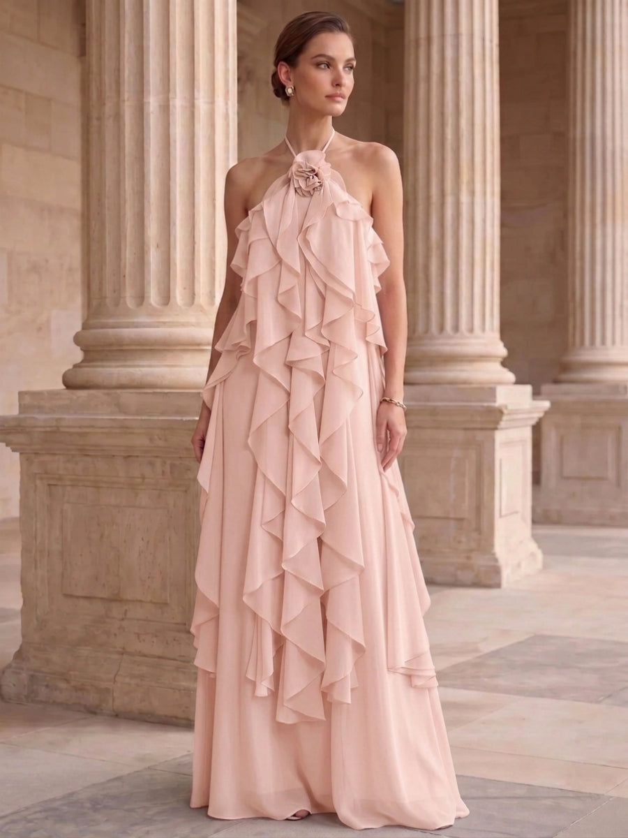 A-Line/Princess Evening Dress Chiffon Halter Sleeveless Floor-length With Ruffles Backless Criss Cross Straps