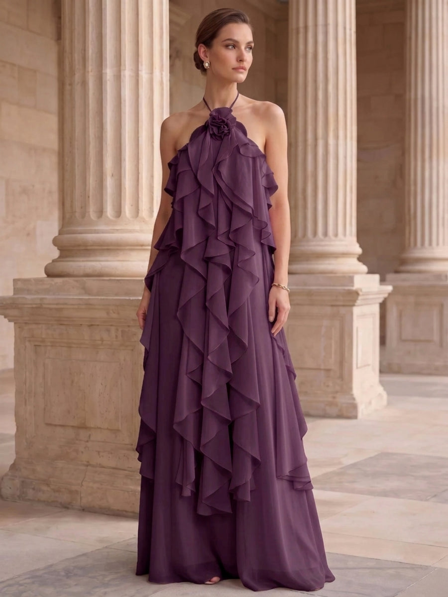 A-Line/Princess Evening Dress Chiffon Halter Sleeveless Floor-length With Ruffles Backless Criss Cross Straps