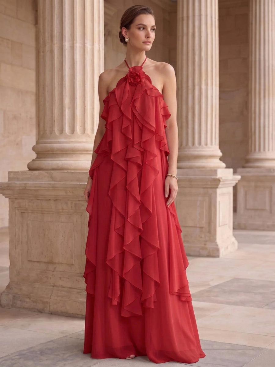 A-Line/Princess Evening Dress Chiffon Halter Sleeveless Floor-length With Ruffles Backless Criss Cross Straps