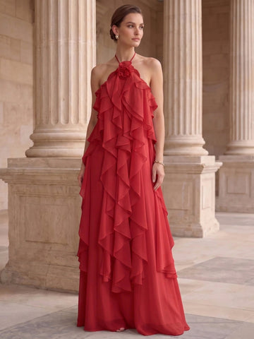 A-Line/Princess Evening Dress Chiffon Halter Sleeveless Floor-length With Ruffles Backless Criss Cross Straps